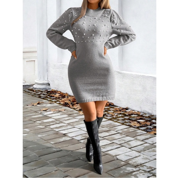 Grey Sweater Short Mini Dress Faux Pearl Embellished Long Sleeve - Picture 11 of 13